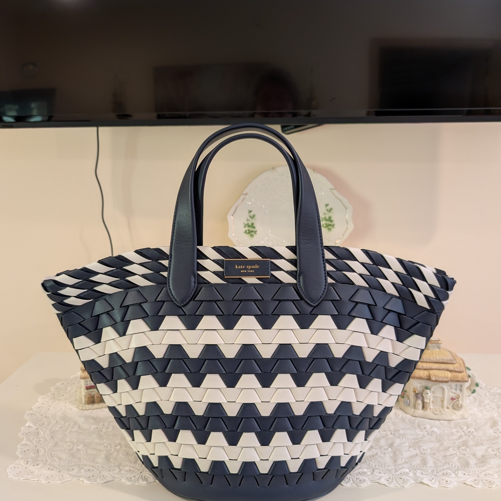 Kate Spade Navy and White Woven Tote Bag NWT